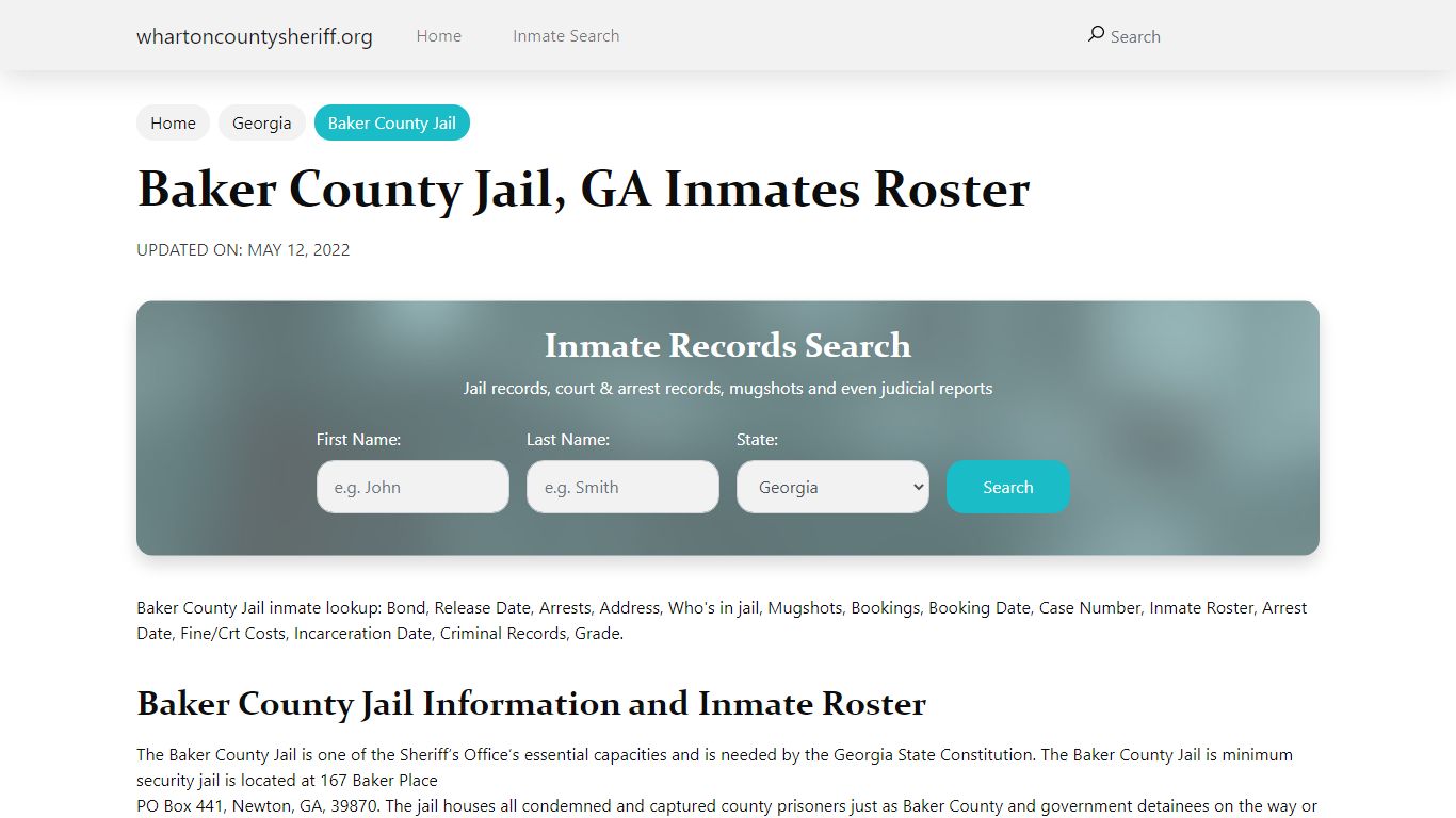 Baker County Jail, GA Jail Roster, Name Search